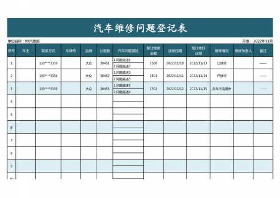 汽车故障维修记录表